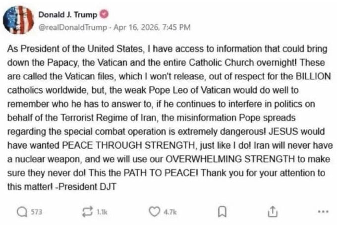 川普表示，出於全球十數億天主教徒的尊重，他不會主動公開相關資料，警告良十四世搞清楚自己該「對誰負責」。然而，有網友查證後，發現相關貼文是有心人士偽造的「假消息」。&nbsp;&nbsp;&nbsp;圖：翻攝自 @Adam65207241 X 帳號