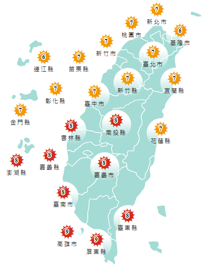氣象署發布各地紫外線指數預報概況。&nbsp;&nbsp;&nbsp;圖：氣象署提供