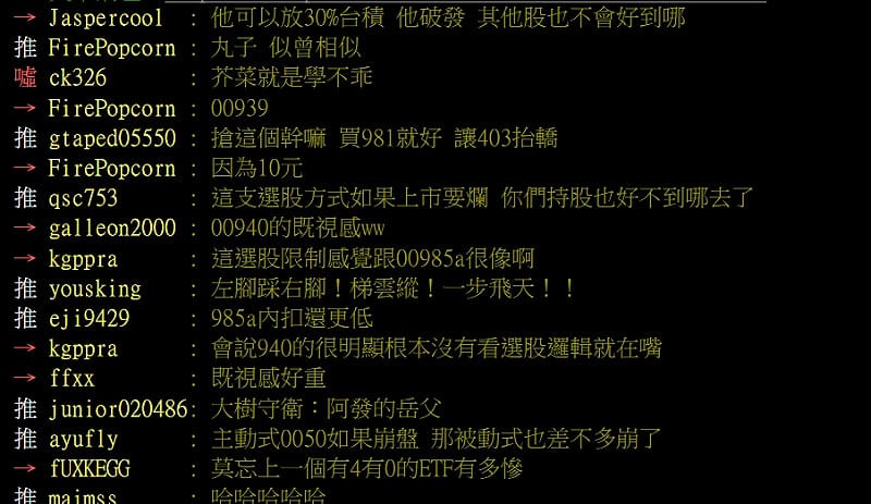 網路PTT股民討論00403A內容。&nbsp;&nbsp;&nbsp;圖: 擷取自PTT