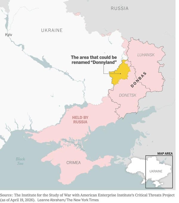  有烏克蘭官員提出建議，希望透過將部分頓巴斯地區改名為「Donnyland」的方式，吸引美國總統川普的支持。 圖：翻攝自 @nexta_tv X 帳號 
