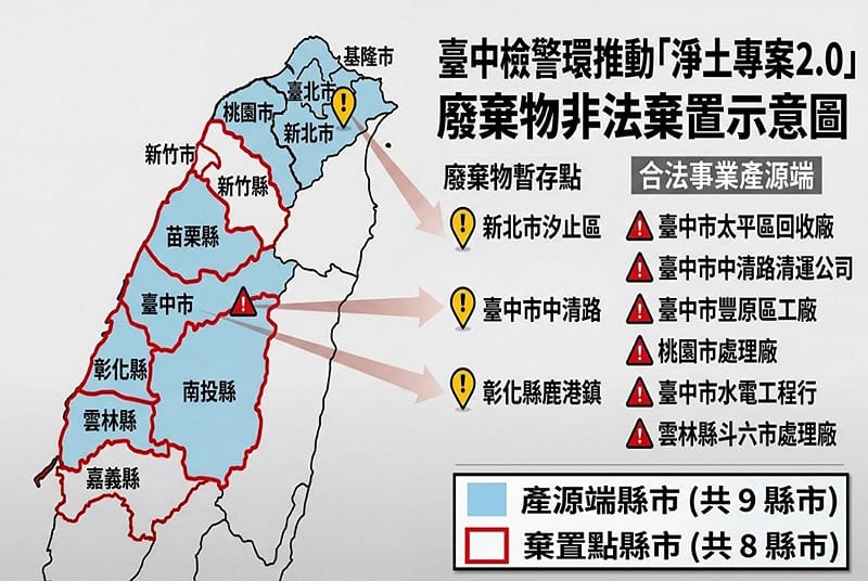 「淨土專案2.0」非法棄置區域盤點。&nbsp;&nbsp;&nbsp;圖：台中地檢署／提供