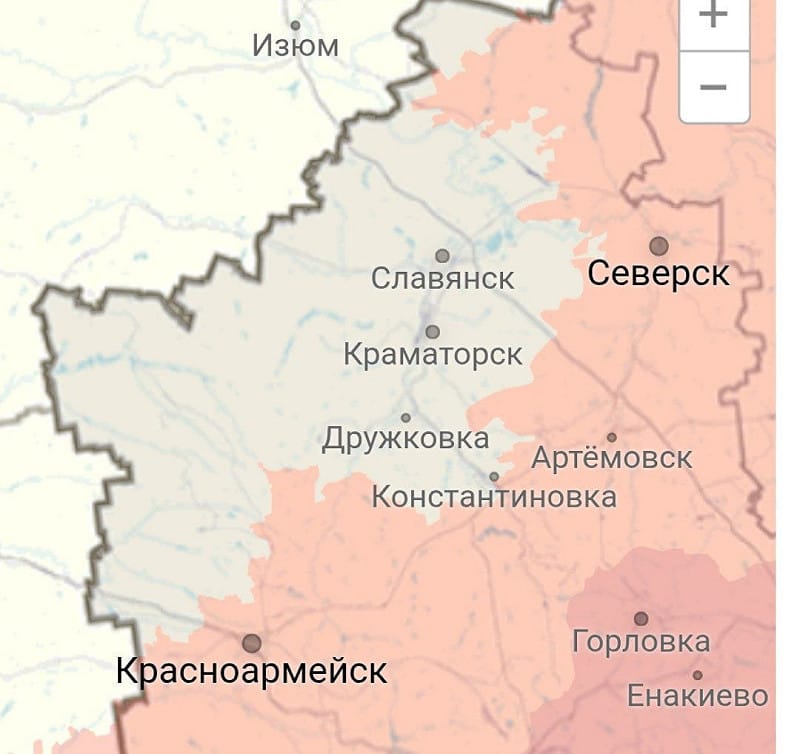  俄軍側翼推進壓迫斯洛維揚斯克（Slovyansk）至克拉馬托爾斯克（Kramatorsk）防線，前線持續逼近關鍵城市群。 圖：翻攝自 X @TTheBattlefield 