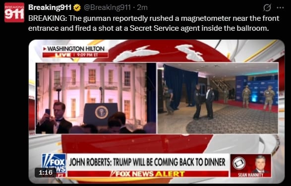 川普出席「白宮記者聯誼晚宴」（WHCD），會場突傳多聲槍響，特勤局隨即啟動最高等級應變機制。&nbsp;&nbsp;&nbsp;圖/翻拍自X社群平台