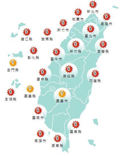 氣象署發布各地紫外線指數預報概況。&nbsp;&nbsp;&nbsp;圖：氣象署提供