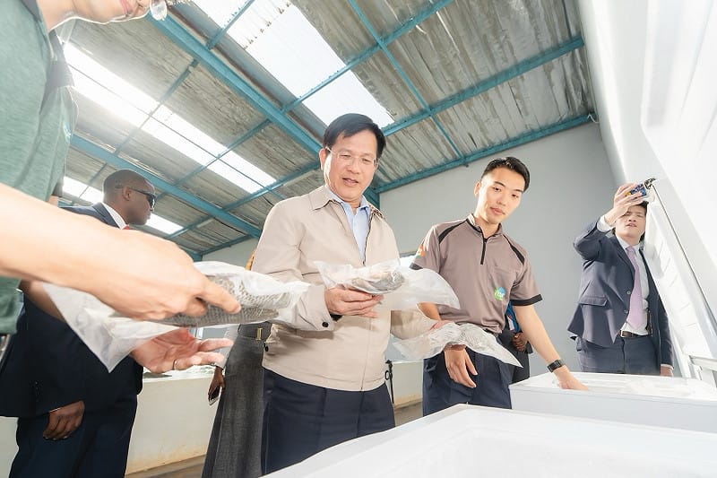  總統特使林佳龍視察台史合作「水產養殖研究與生產中心」優化水產品保存包裝成果。 圖：外交部提供 