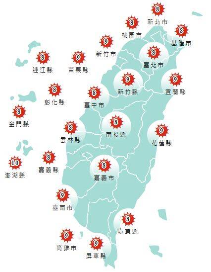 氣象署發布各地紫外線指數預報概況。&nbsp;&nbsp;&nbsp;圖：氣象署提供