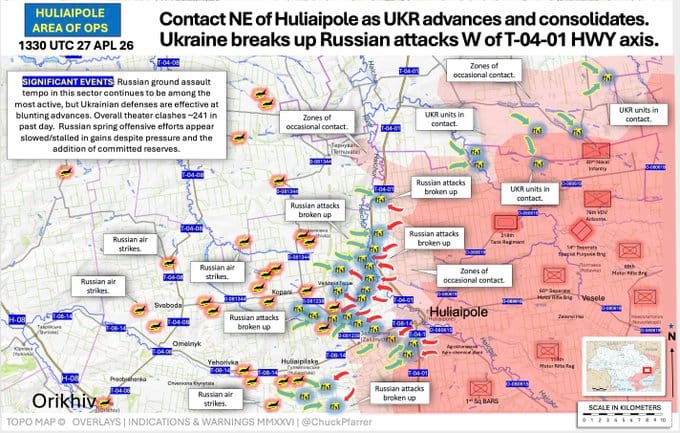 胡利亞伊波萊一帶戰況同樣激烈。烏方通報，俄軍在多個據點發動多達 37 次攻擊，但在多地遭遇阻擊並出現潰散跡象。&nbsp;&nbsp;&nbsp;圖:翻攝自X帳號@ChuckPfarrer