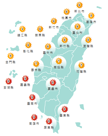 氣象署發布各地紫外線指數預報概況。&nbsp;&nbsp;&nbsp;圖：氣象署提供