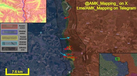  在克拉斯諾皮利亞方向，俄軍繼續推進，並在兩個不同區域佔領了新的陣地，而新抵達的烏克蘭增援部隊正在進行反擊，目前該村莊仍處於灰色地帶。 圖：翻攝自Ｘ／＠AMK_Mapping_ 