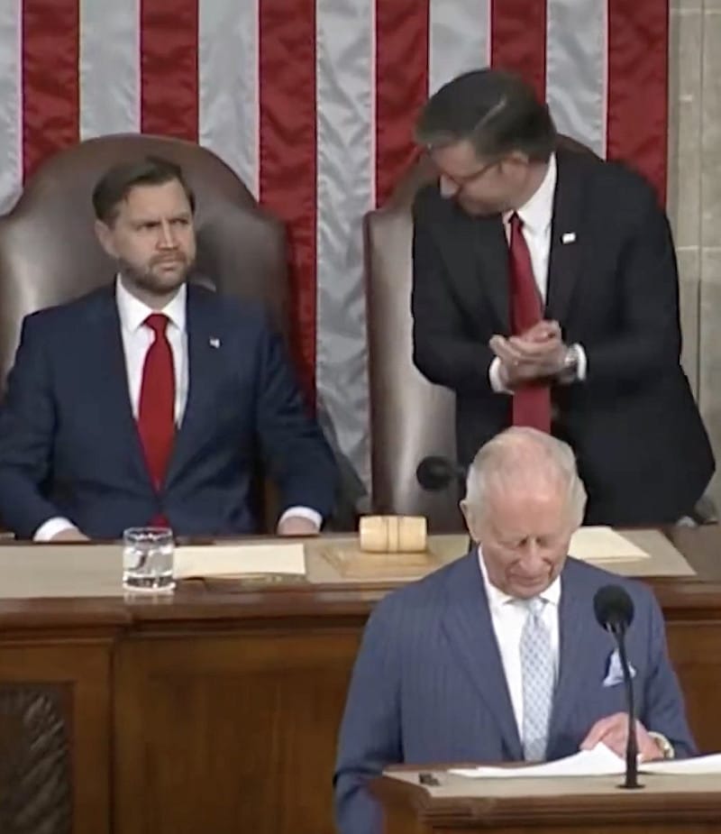 當查爾斯談及環境保護與自然秩序時，范斯未起立鼓掌，引發各界關注。 圖:翻攝自X帳號@Jienafo