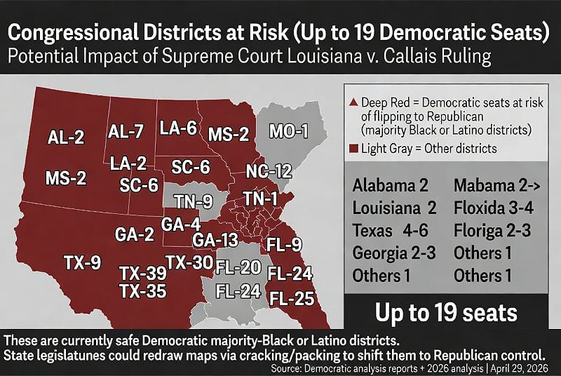 在最極端情境下，共和黨可能透過「裂解（cracking）」與「填塞（packing）」策略，將少數族裔選民分散或集中重組選區結構，使民主黨在南方傳統優勢選區大幅縮水，潛在影響席次可達數十席規模。&nbsp;&nbsp;&nbsp;圖 : 翻攝自X帳號@Freedominc20631