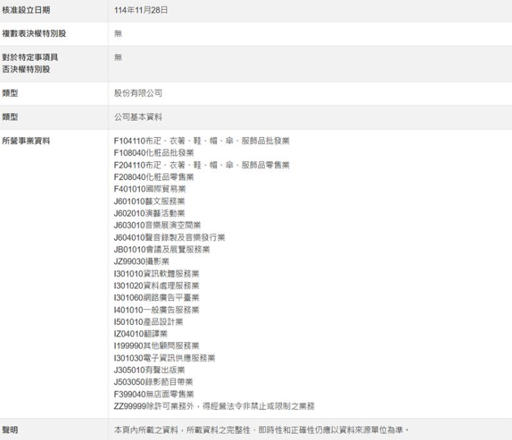 子瑜的爸媽被發現祕密設立「瑜海娛樂股份有限公司」。&nbsp;&nbsp;&nbsp;圖：翻攝自台灣公司網