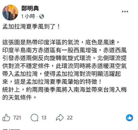 圖中的底色是風速，可以看到印度半島南方赤道區，有一股西風增強，赤道西風引發赤道兩側反向旋轉氣旋式環流。&nbsp;&nbsp;&nbsp;圖：取自鄭明典臉書