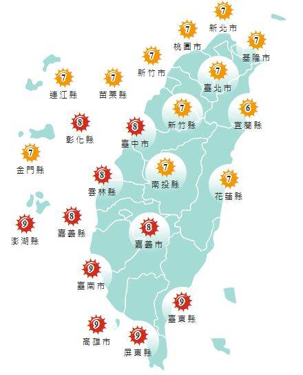 氣象署發布各地紫外線指數預報概況。&nbsp;&nbsp;&nbsp;圖：氣象署提供