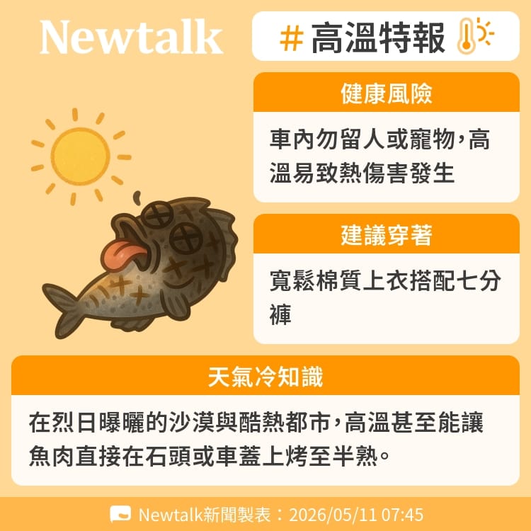 在烈日曝曬的沙漠與酷熱都市，高溫甚至能讓魚肉直接在石頭或車蓋上烤至半熟。 圖：Newtalk製表&nbsp;&nbsp;&nbsp;