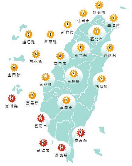 氣象署發布各地紫外線指數預報概況。&nbsp;&nbsp;&nbsp;圖：氣象署提供