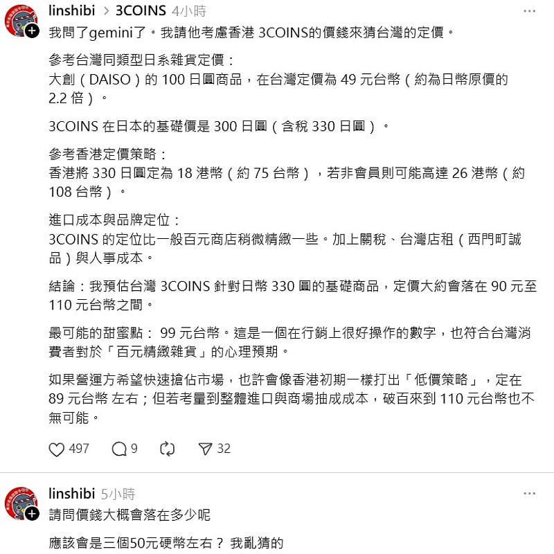 預估台灣3COINS針對日幣330圓的基礎商品，定價大約會落在90元至110元台幣之間。&nbsp;&nbsp;&nbsp;圖：翻攝自3COINS Threads