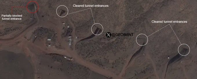 衛星雲圖顯示伊朗已將 4 個先前遭空襲封鎖的導彈地下通道入口清理完畢。&nbsp;&nbsp;&nbsp;圖:翻攝自 X @GEOIMINT