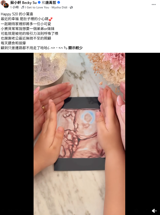 今(20)日蘇小軒曬出超音波照，並開心表示，「一起期待家裡即將多一位小可愛」，證實懷二胎的好消息。&nbsp;&nbsp;&nbsp;圖：翻攝自蘇小軒FB