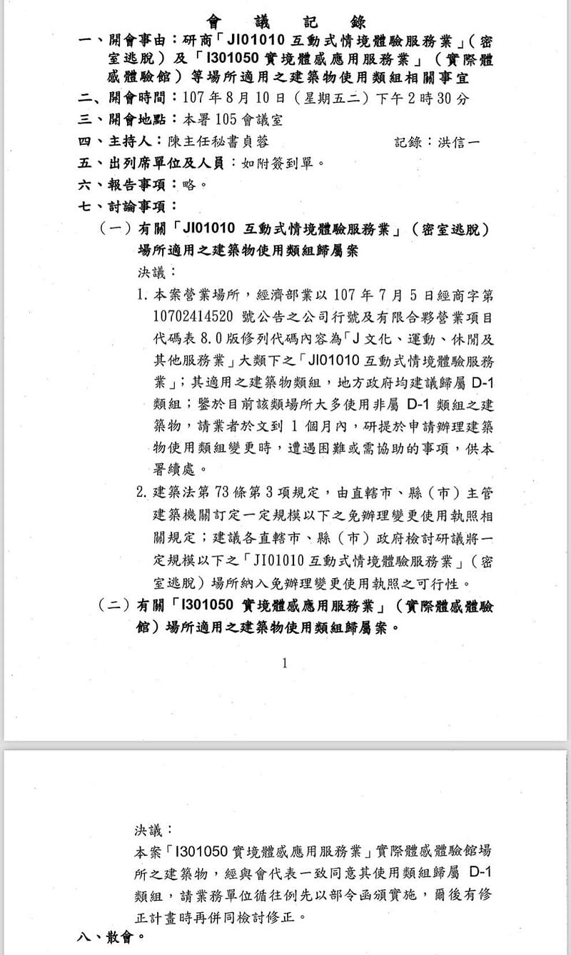 北市府都發局提出會議記錄，密室逃脫僅有「地方政府均建議歸屬D1類組」，中央沒有做出裁定。 圖：台北市都發局提供 