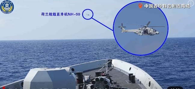 蘭海軍「德魯伊特」號護衛艦艦載直升機在西沙群島起飛，中國派飛機、軍艦進行驅離。&nbsp;&nbsp;&nbsp;圖 : 翻攝自解放軍網站