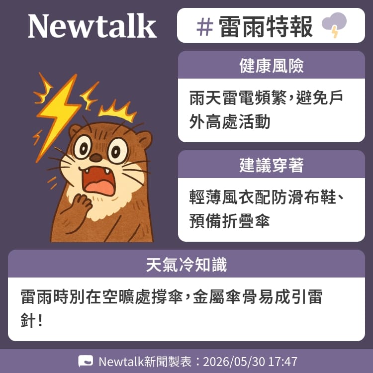 雷雨時別在空曠處撐傘，金屬傘骨易成引雷針！ 圖：Newtalk製表&nbsp;&nbsp;&nbsp;