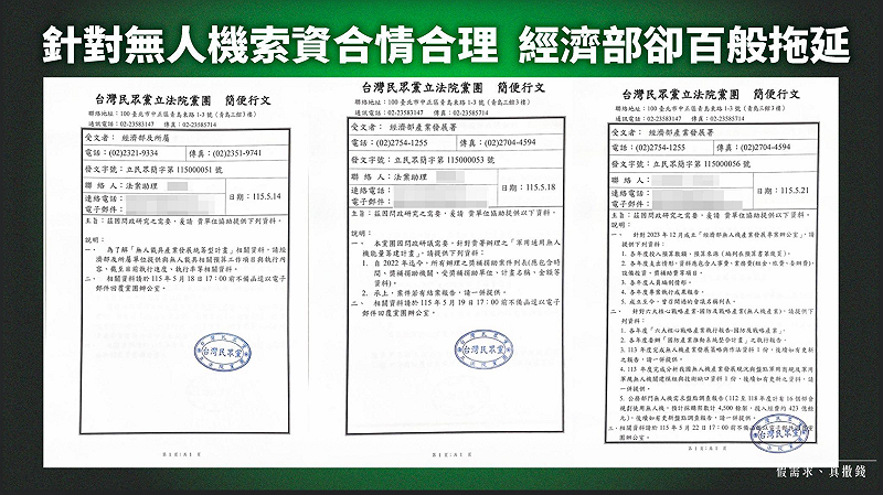 民眾黨公布3度向經濟部索資有關無人機相關資料，卻被百般拖延。&nbsp;&nbsp;&nbsp;圖：民眾黨團 / 提供
