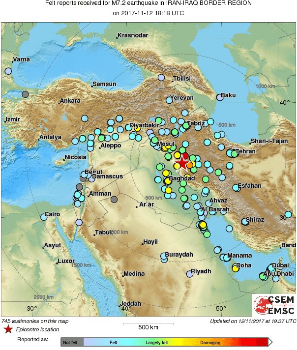 歐洲地震研究中心（EMSC）在推持上表示，此次地震撼動整個中東地區。   圖：翻攝歐洲地震研究中心推特