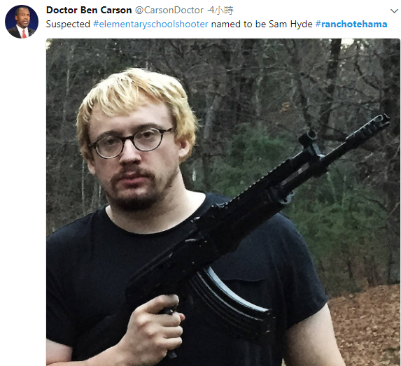美國加州驚傳校園槍擊案，目前網路流傳1張疑似是兇嫌的白人男子照片。   圖：翻攝Doctor Ben Carson‏ 推特