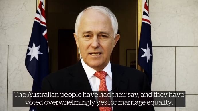 澳洲總理滕博爾得知同婚郵寄公投過關，宣布將努力在耶誕節前實現民眾的願望。   圖：翻攝滕博爾臉書