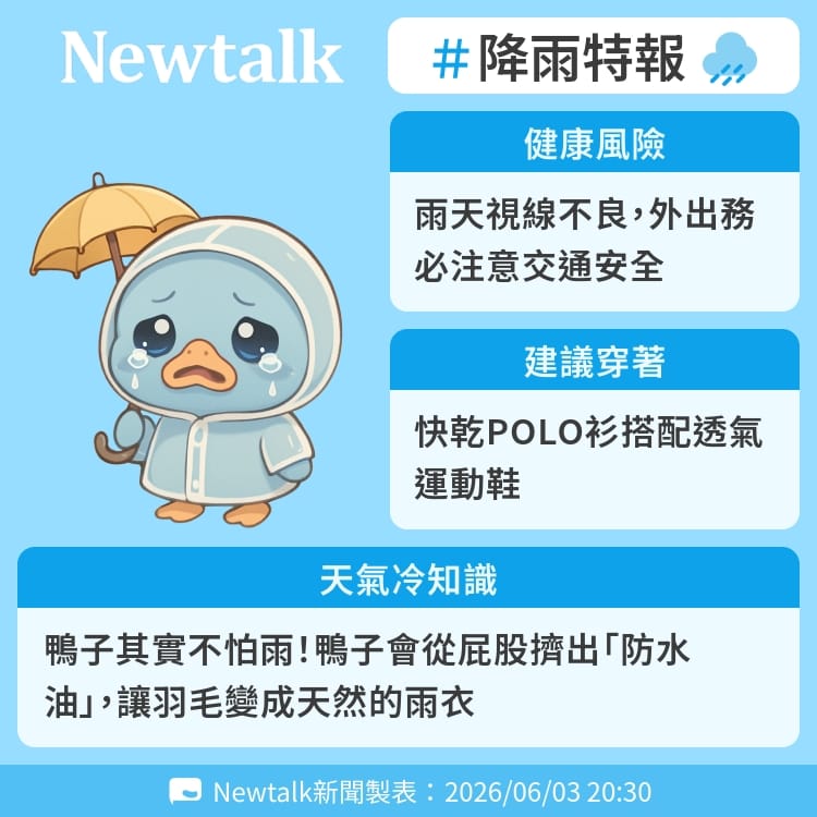 鴨子其實不怕雨！鴨子會從屁股擠出「防水油」，讓羽毛變成天然的雨衣 圖：Newtalk製表&nbsp;&nbsp;&nbsp;