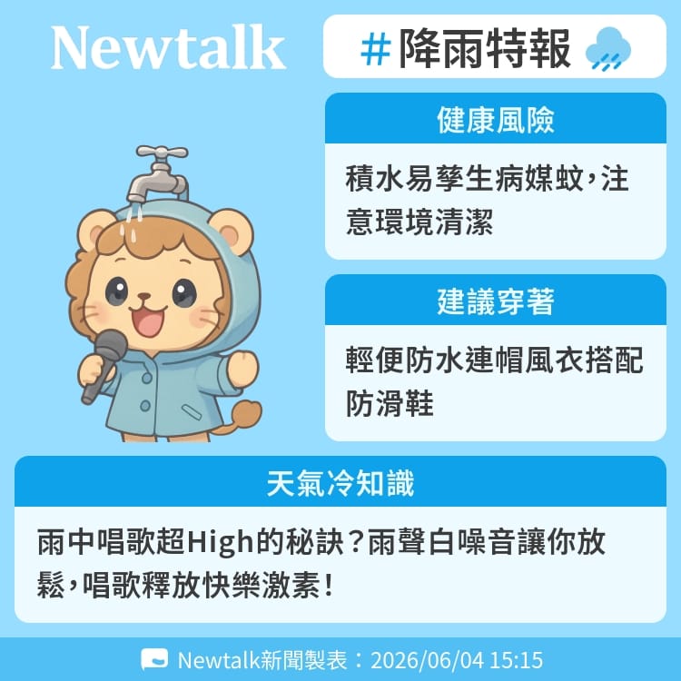 雨中唱歌超High的秘訣？雨聲白噪音讓你放鬆，唱歌釋放快樂激素！ 圖：Newtalk製表&nbsp;&nbsp;&nbsp;