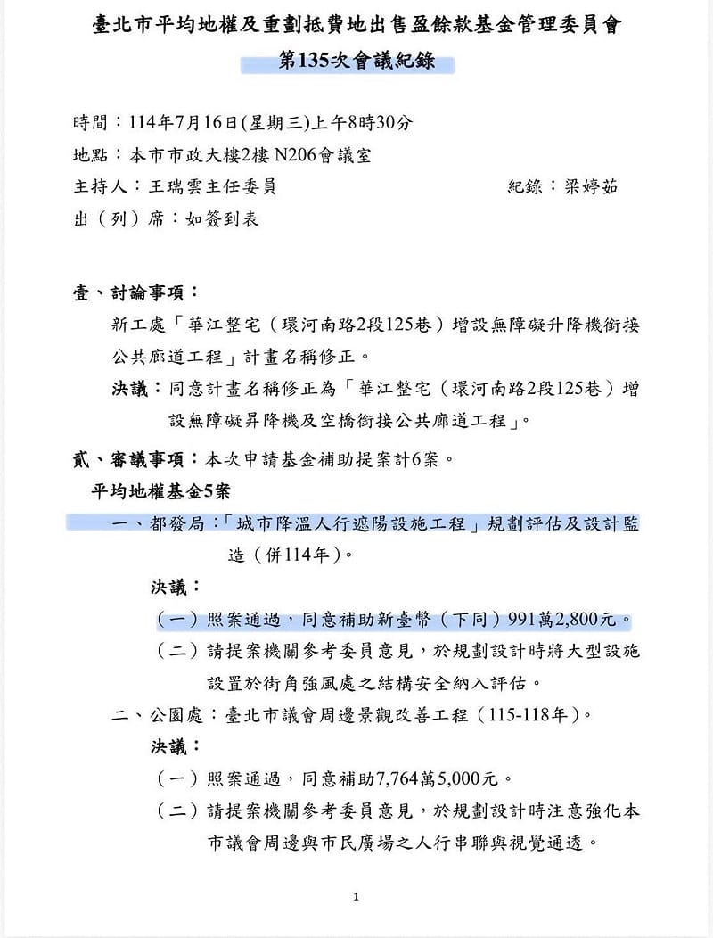 台北市平均地權及重劃抵費地出售盈餘基金管理委員會第135次會議紀錄。&nbsp;&nbsp;&nbsp;圖：翻攝簡舒培臉書粉專