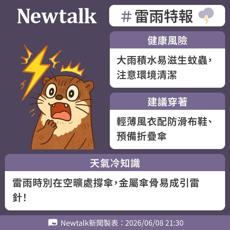 雷雨時別在空曠處撐傘，金屬傘骨易成引雷針！ 圖：Newtalk製表&nbsp;&nbsp;&nbsp;