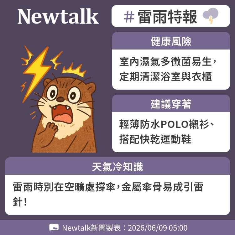 雷雨時別在空曠處撐傘，金屬傘骨易成引雷針！ 圖：Newtalk製表&nbsp;&nbsp;&nbsp;