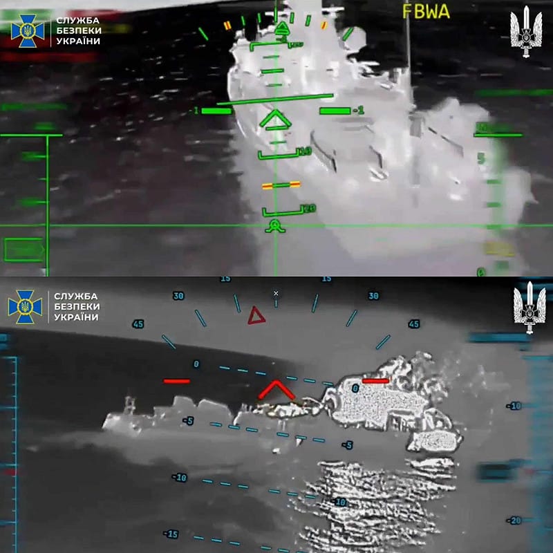 遭襲艦艇包含10410型「斯維特里亞克」巡邏艇(上),以及 21630 型「布揚」級艦艇,兩艘艦均在攻擊後陷入火海。 圖:翻攝自X帳號@NOELreports(新頭殼合成) 遭襲艦艇包含10410型「斯維特里亞克」巡邏艇(上),以及 21630 型「布揚」級艦艇,兩艘艦均在攻擊後陷入火海。 圖:翻攝自X帳號@NOELreports(新頭殼合成)