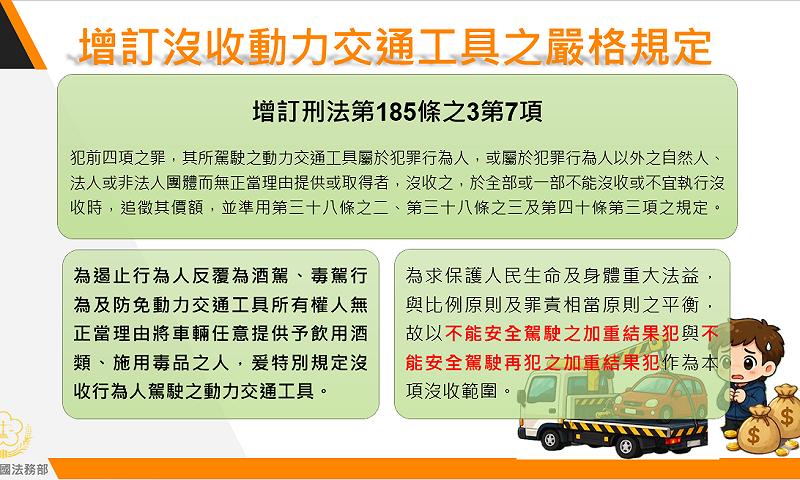 增訂沒收動力交通工具之嚴格規定。&nbsp;&nbsp;&nbsp;圖：法務部提供