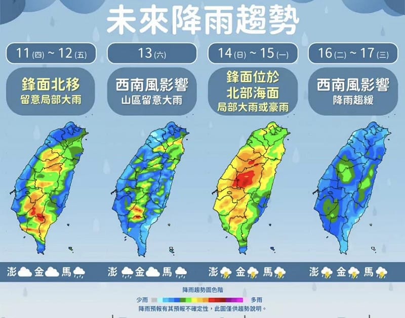 本週雨勢不斷，需多加防備突如其來的短暫陣雨。&nbsp;&nbsp;&nbsp;圖：氣象署／提供