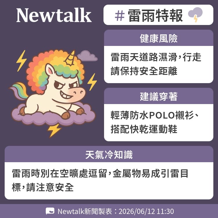 雷雨時別在空曠處逗留，金屬物易成引雷目標，請注意安全 圖：Newtalk製表&nbsp;&nbsp;&nbsp;