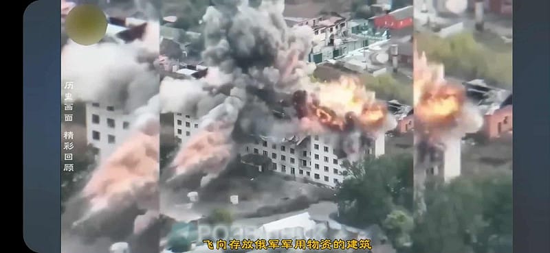 烏軍蘇-27 戰鬥機掛載精確制導炸彈，對疑似存放俄軍物資的建築實施打擊。&nbsp;&nbsp;&nbsp;圖:翻攝自影片