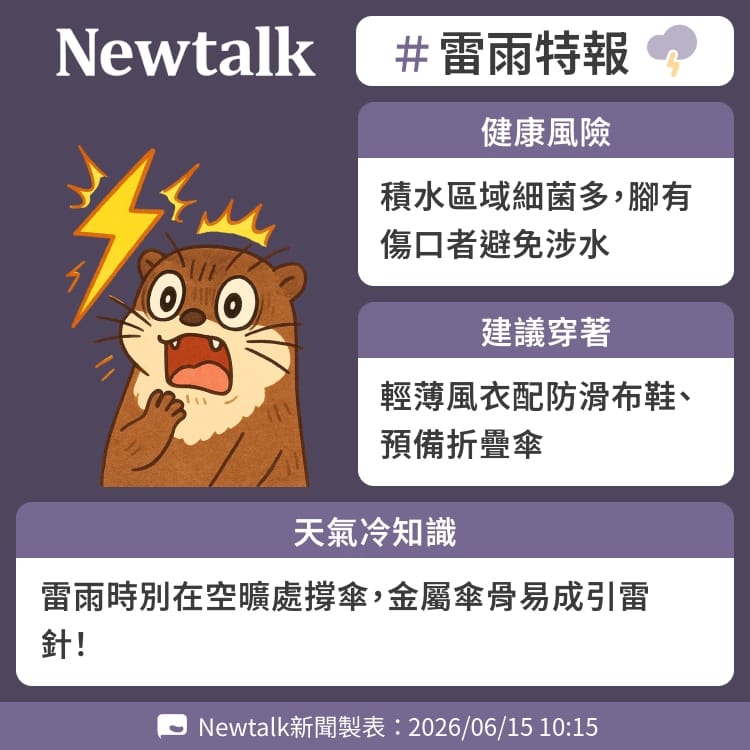 雷雨時別在空曠處撐傘，金屬傘骨易成引雷針！ 圖：Newtalk製表&nbsp;&nbsp;&nbsp;