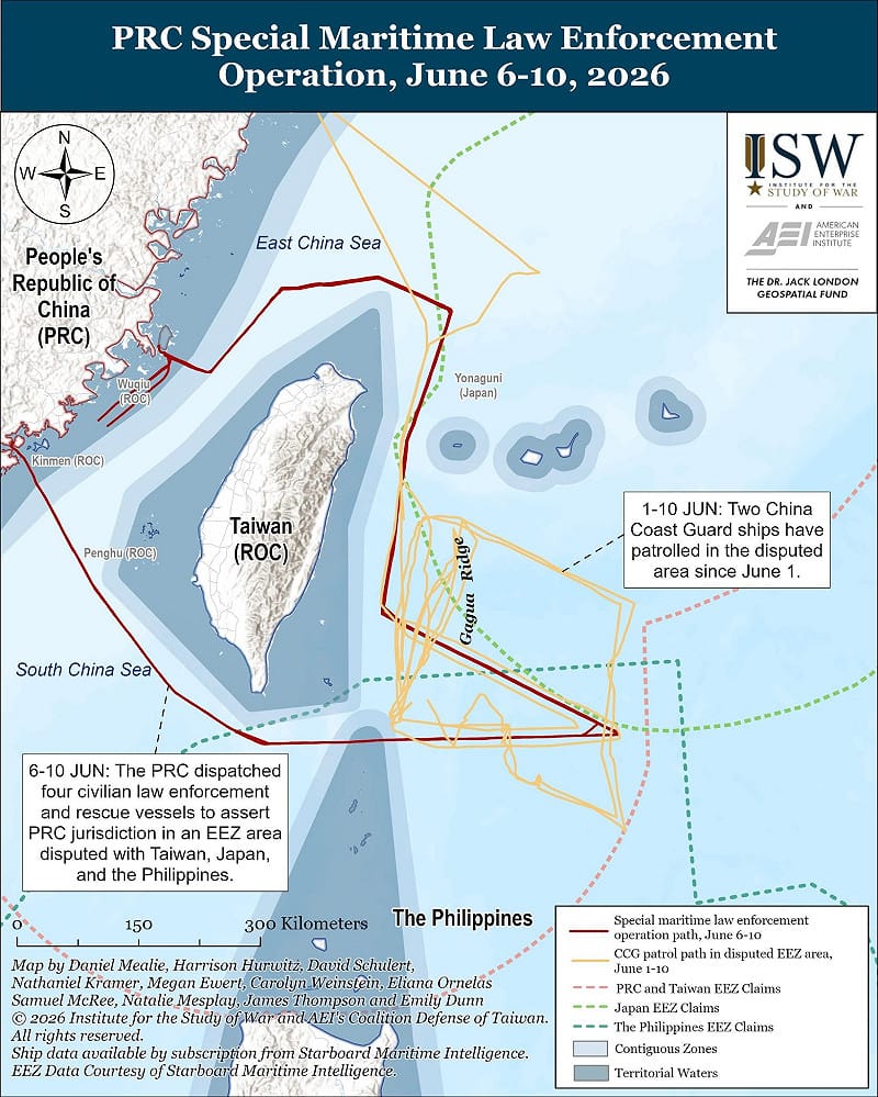 美國智庫「戰爭研究所」(ISW)與美國企業研究所(AEI)聯合發布的《中國與台灣更新報告》(2026年6月12日)。詳載6月6日至10日,中國交通運輸部發起「台灣島東部海域海上交通專項執法和掃測行動」。 圖:翻攝understandingwar.org 美國智庫「戰爭研究所」(ISW)與美國企業研究所(AEI)聯合發布的《中國與台灣更新報告》(2026年6月12日)。詳載6月6日至10日,中國交通運輸部發起「台灣島東部海域海上交通專項執法和掃測行動」。 圖:翻攝understandingwar.org