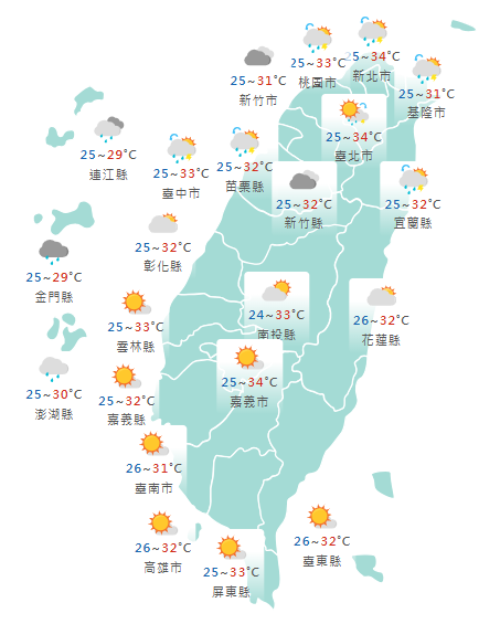 氣象署公布各地天氣預報概況。&nbsp;&nbsp;&nbsp;圖：氣象署提供