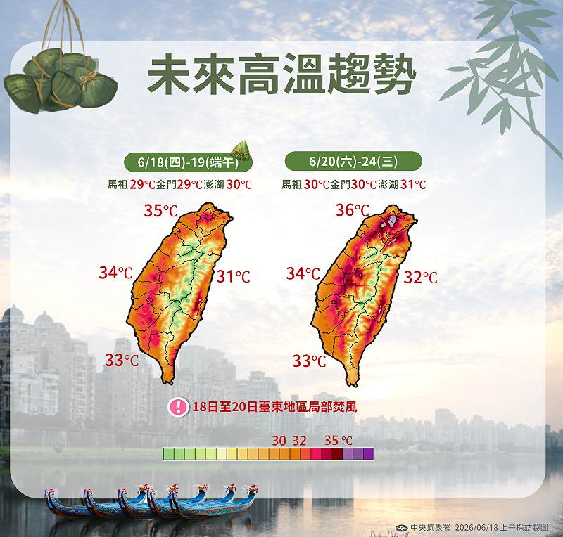 端午連假高溫炎熱，北部恐飆36°C。&nbsp;&nbsp;&nbsp;圖：氣象署／提供