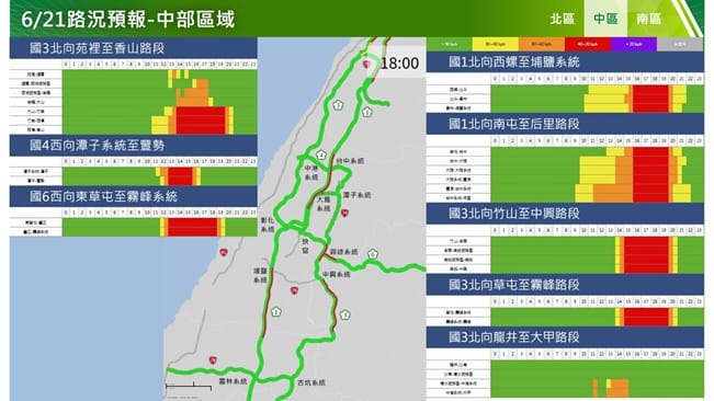 端午節連假收假日中部路段北向路況預報圖。&nbsp;&nbsp;&nbsp;圖：高公局／提供
