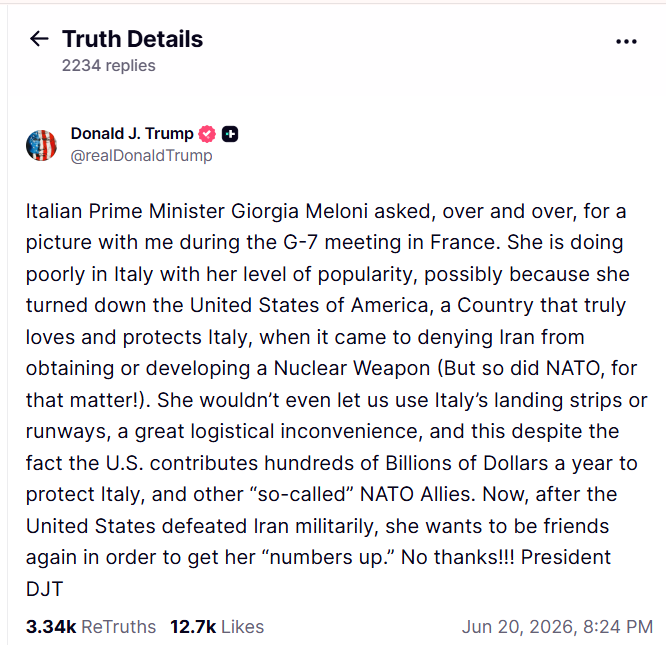 美國總統川普再度在Truth Social發文，稱義大利總理梅洛尼於G7峰會期間一再要求與他合照，並指她想藉此拉抬支持率，言論引發義大利強烈不滿。 &nbsp;&nbsp;&nbsp;圖:翻攝自Truth Social