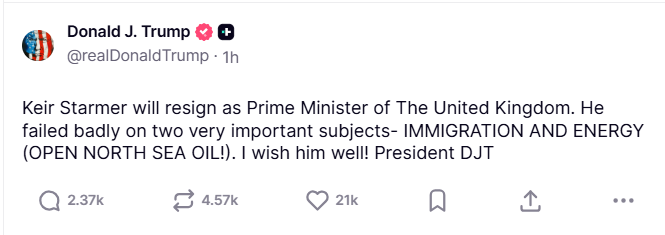 美國總統川普在社群平台發文，斷言英國首相施凱爾將請辭，並批評其移民與能源政策表現不佳。&nbsp;&nbsp;&nbsp;圖:翻攝自川普社群平台