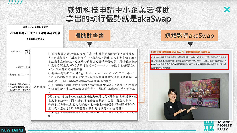 民眾黨公布，威如科技申請商發署的結案報告書中表示「威如科技過去運營akaSwap平台」。&nbsp;&nbsp;&nbsp;圖：民眾黨 / 提供