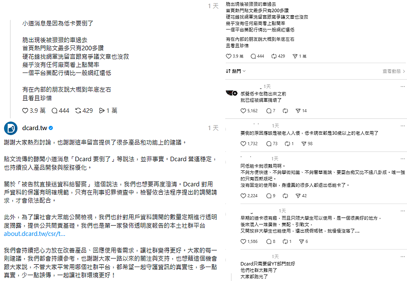 有網友在相關貼文底下留言指出：「小道消息稱Dcard即將倒閉，Threads出現後Dcard流量下滑，首頁熱門貼文僅約200多個讚，業配行情甚至低於一般網紅」引起共鳴，事後官方也在底下留言澄清。&nbsp;&nbsp;&nbsp;圖：翻攝自Threads