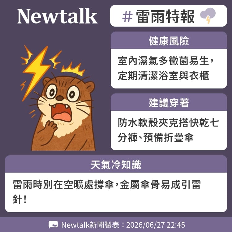 雷雨時別在空曠處撐傘，金屬傘骨易成引雷針！ 圖：Newtalk製表&nbsp;&nbsp;&nbsp;